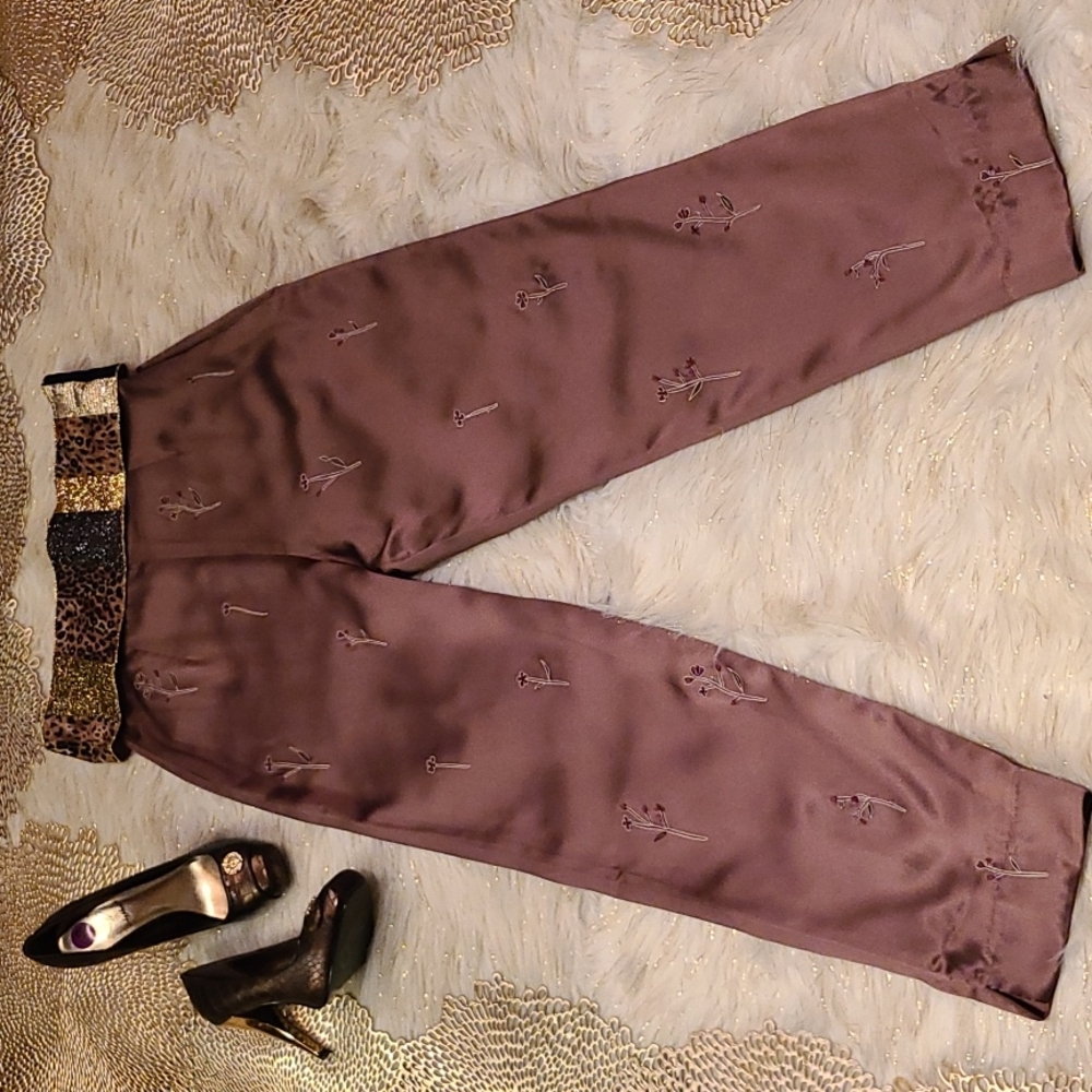 Eagle's Eye Women's Silk Embroidered Floral Trousers Size 8